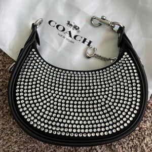 Black leather Crystal-Embellished Crescent COACH Jonie crossbody clutch Bag NWT